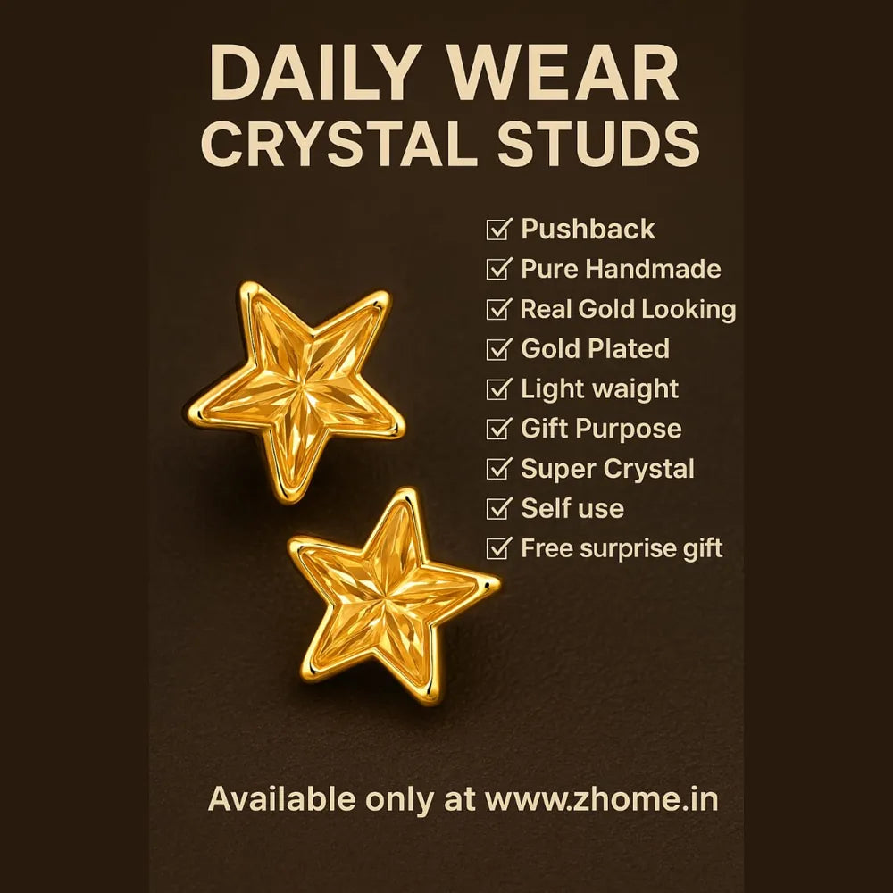 Women’s yellow star crystal stud earrings with real gold plating, handcrafted on a copper and brass base. These pushback earrings feature a bright yellow gemstone in a star shape that adds elegance and radiance to your look. Perfect for daily wear, parties, or gifting – from ZHome, Real, Good-Looking Jewellery.