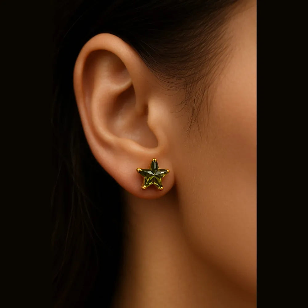 Women’s green star crystal stud earrings with real gold plating, handcrafted on a copper and brass base. These pushback earrings feature a glossy green gemstone in a star shape, offering a modern yet elegant look. Perfect for daily wear, parties, or gifting – from ZHome, Real, Good-Looking Jewellery.