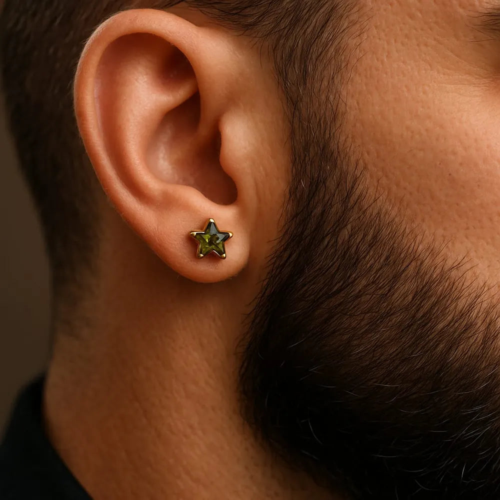 Women’s green star crystal stud earrings with real gold plating, handcrafted on a copper and brass base. These pushback earrings feature a glossy green gemstone in a star shape, offering a modern yet elegant look. Perfect for daily wear, parties, or gifting – from ZHome, Real, Good-Looking Jewellery.