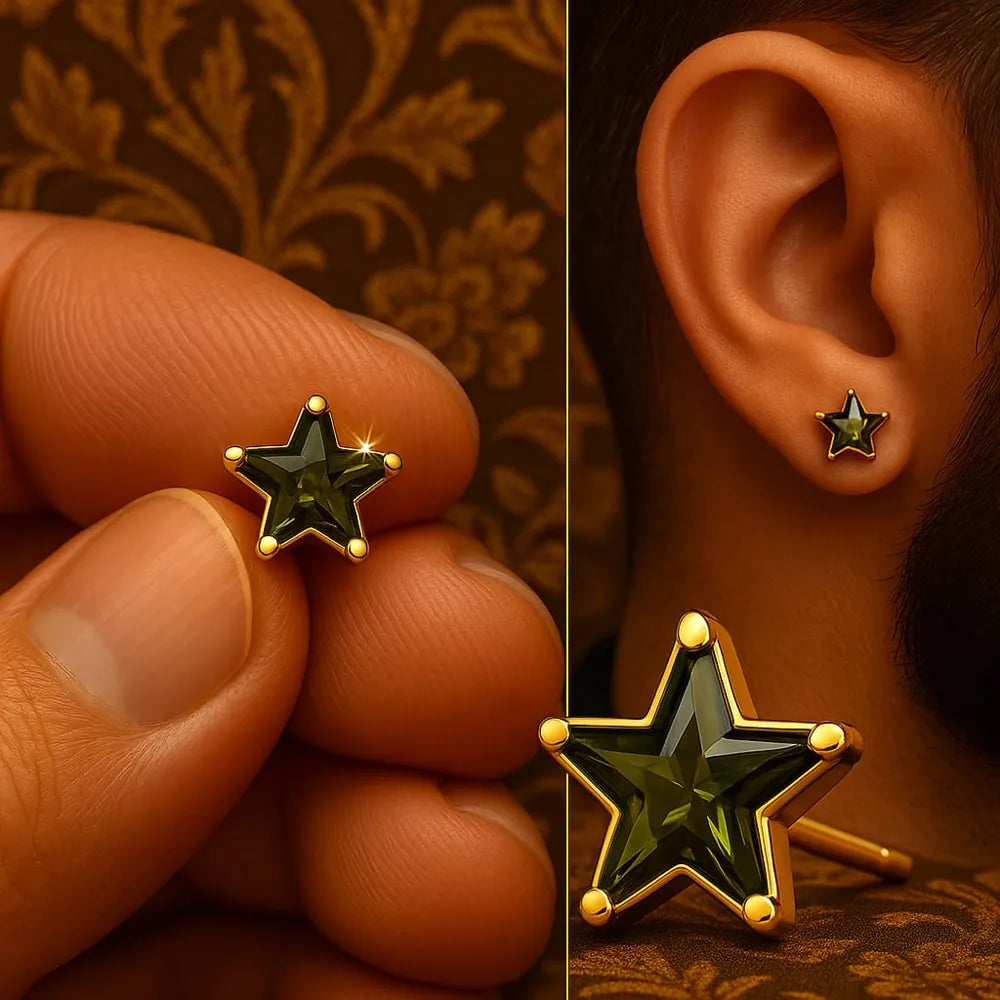 Women’s green star crystal stud earrings with real gold plating, handcrafted on a copper and brass base. These pushback earrings feature a glossy green gemstone in a star shape, offering a modern yet elegant look. Perfect for daily wear, parties, or gifting – from ZHome, Real, Good-Looking Jewellery.