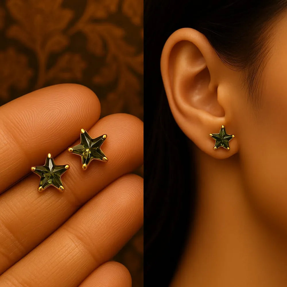 Women’s green star crystal stud earrings with real gold plating, handcrafted on a copper and brass base. These pushback earrings feature a glossy green gemstone in a star shape, offering a modern yet elegant look. Perfect for daily wear, parties, or gifting – from ZHome, Real, Good-Looking Jewellery.