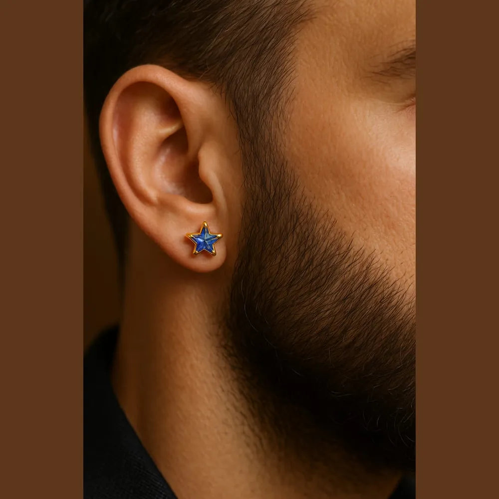 Zhome Onegram Gold Blue Star Unisex Studs – RealGold Finish, Copper Base, Handmade Glossy Shine Jewelry