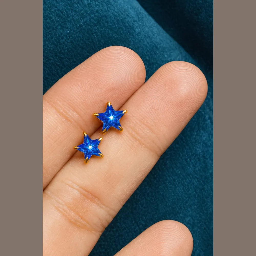Zhome Onegram Gold Blue Star Ladies Studs – Handmade RealGold Look with Blue Crystal Stone, Copper Base