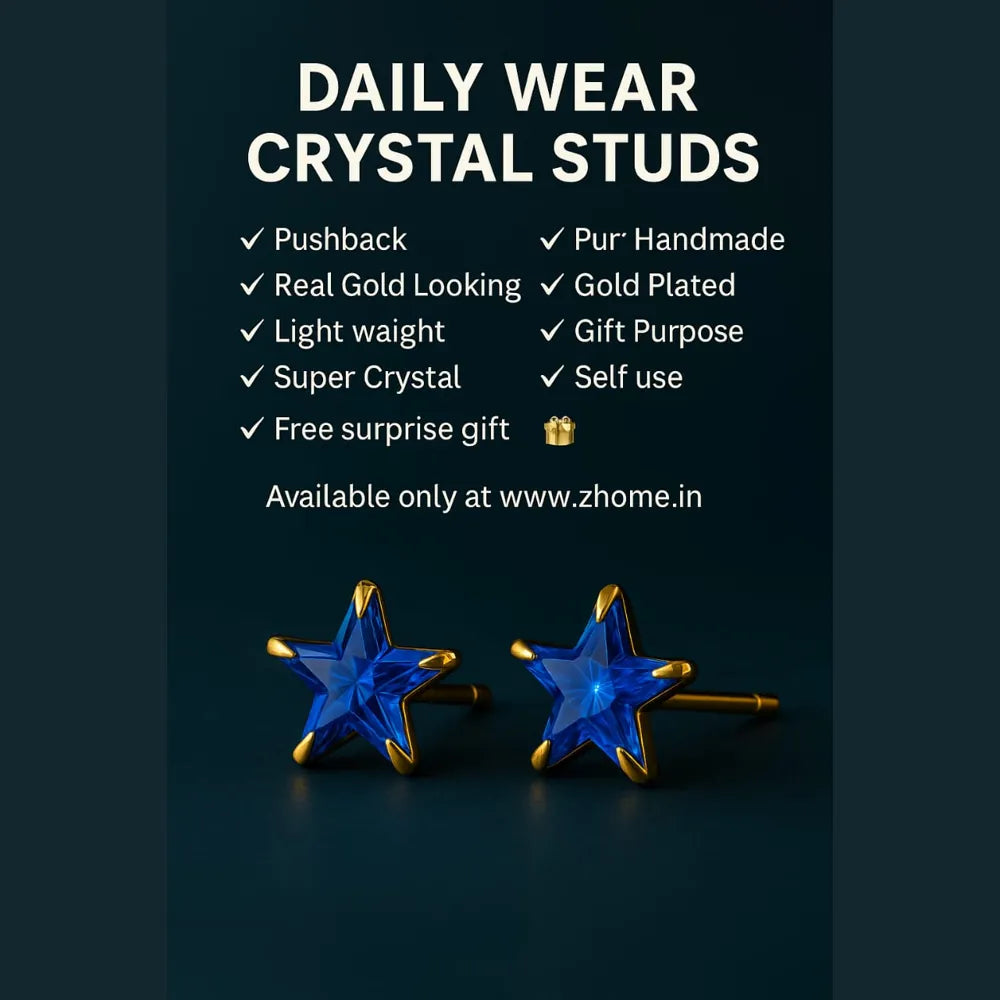 Zhome Onegram Gold Blue Star Ladies Studs – Handmade RealGold Look with Blue Crystal Stone, Copper Base