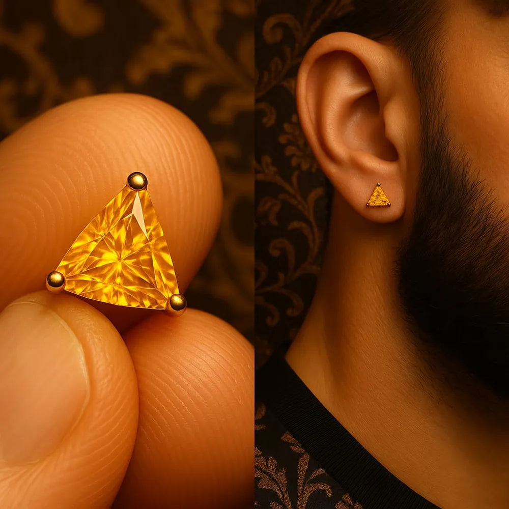 Men’s yellow crystal triangle stud earrings with real gold plating, handcrafted on a copper and brass base. These pushback studs feature a vibrant yellow crystal that adds strength and style to any look. Perfect for daily wear or occasions, lightweight and bold – from ZHome, Real, Good-Looking Jewellery.