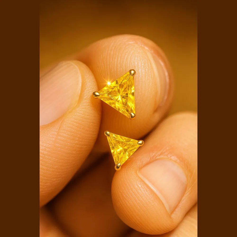 Women’s yellow crystal triangle stud earrings with real gold plating, handcrafted on a copper and brass base. These pushback earrings feature a bright yellow gemstone that gives a rich, elegant glow. Perfect for daily wear, gifting, or special occasions. Lightweight, beautiful, and timeless – from ZHome, Real, Good-Looking Jewellery.