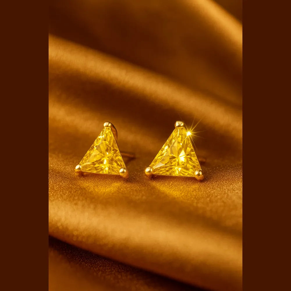 Women’s yellow crystal triangle stud earrings with real gold plating, handcrafted on a copper and brass base. These pushback earrings feature a bright yellow gemstone that gives a rich, elegant glow. Perfect for daily wear, gifting, or special occasions. Lightweight, beautiful, and timeless – from ZHome, Real, Good-Looking Jewellery.