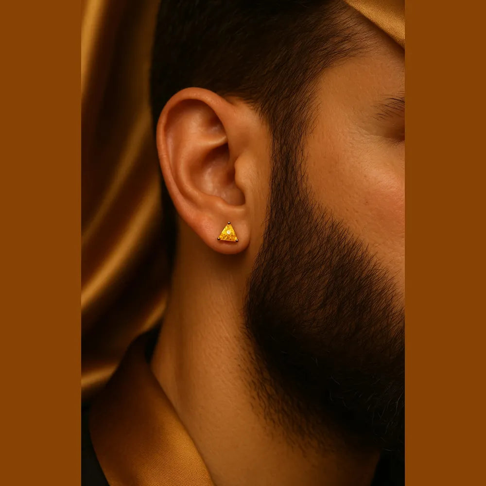 Men’s yellow crystal triangle stud earrings with real gold plating, handcrafted on a copper and brass base. These pushback studs feature a vibrant yellow crystal that adds strength and style to any look. Perfect for daily wear or occasions, lightweight and bold – from ZHome, Real, Good-Looking Jewellery.