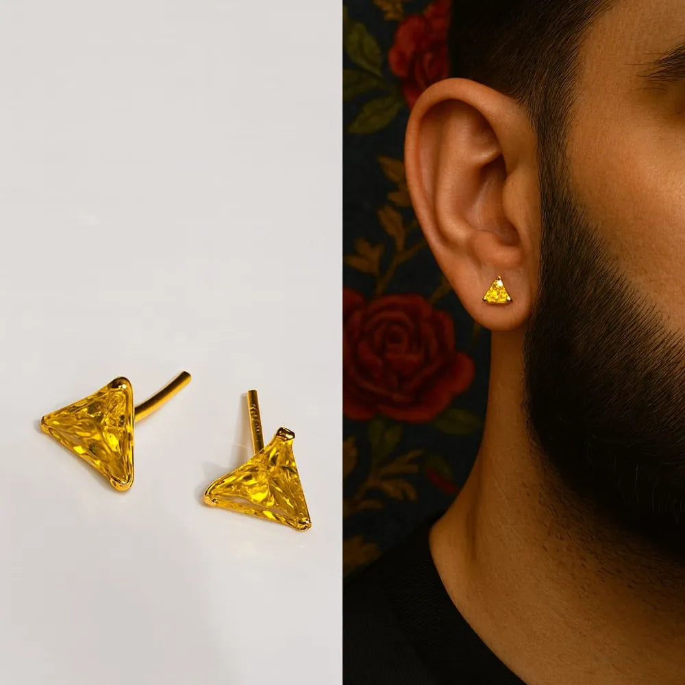 Men’s yellow crystal triangle stud earrings with real gold plating, handcrafted on a copper and brass base. These pushback studs feature a vibrant yellow crystal that adds strength and style to any look. Perfect for daily wear or occasions, lightweight and bold – from ZHome, Real, Good-Looking Jewellery.