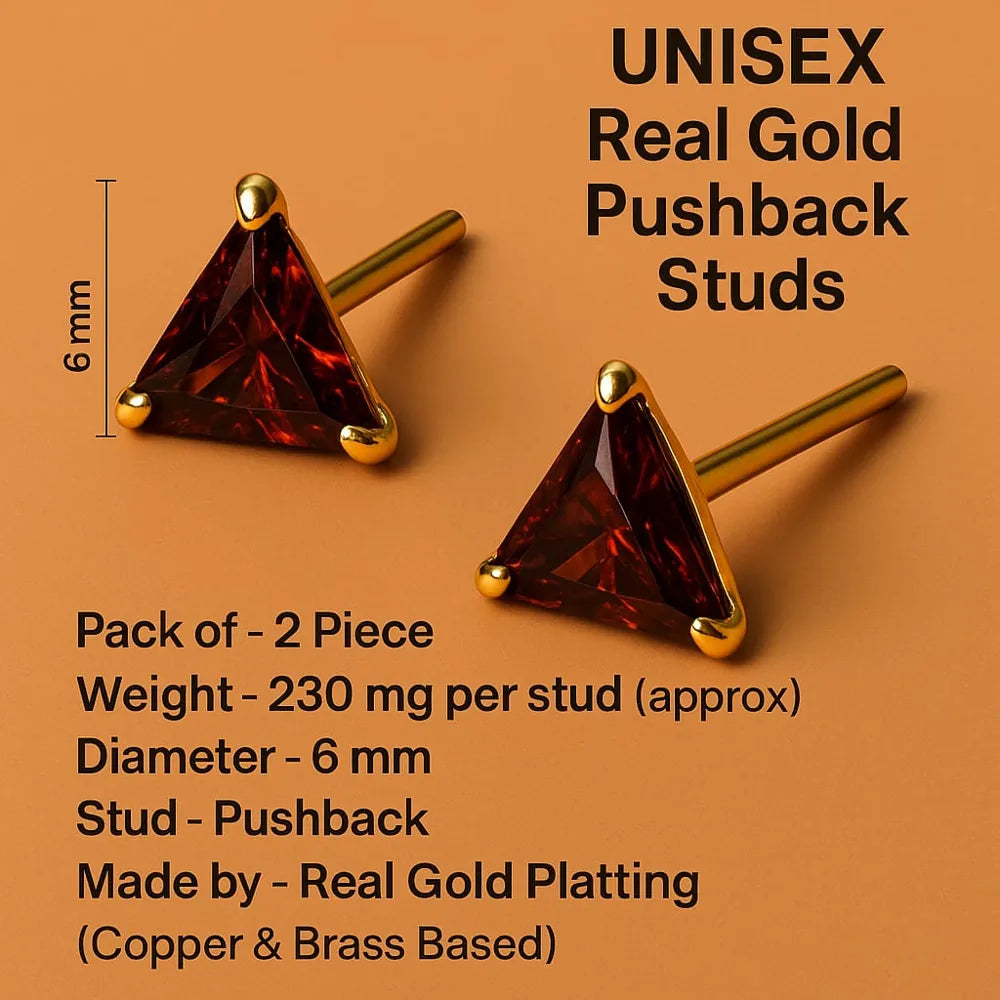 Men’s red crystal triangle ear studs with real gold plating, handcrafted on a copper and brass base for a premium masculine look. These pushback studs feature a glossy ruby-red crystal that adds confidence and edge to daily wear. Lightweight, comfortable, and perfect for men who love minimal yet powerful jewellery. From ZHome – Real, Good-Looking Jewellery.