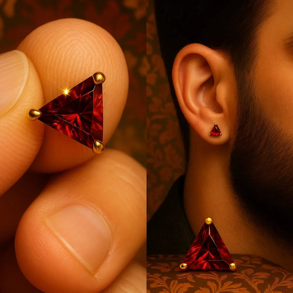 Men’s red crystal triangle ear studs with real gold plating, handcrafted on a copper and brass base for a premium masculine look. These pushback studs feature a glossy ruby-red crystal that adds confidence and edge to daily wear. Lightweight, comfortable, and perfect for men who love minimal yet powerful jewellery. From ZHome – Real, Good-Looking Jewellery.