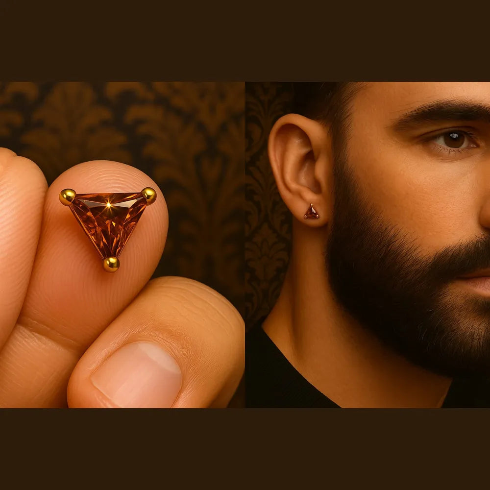 Men’s red crystal triangle ear studs with real gold plating, handcrafted on a copper and brass base for a premium masculine look. These pushback studs feature a glossy ruby-red crystal that adds confidence and edge to daily wear. Lightweight, comfortable, and perfect for men who love minimal yet powerful jewellery. From ZHome – Real, Good-Looking Jewellery.
