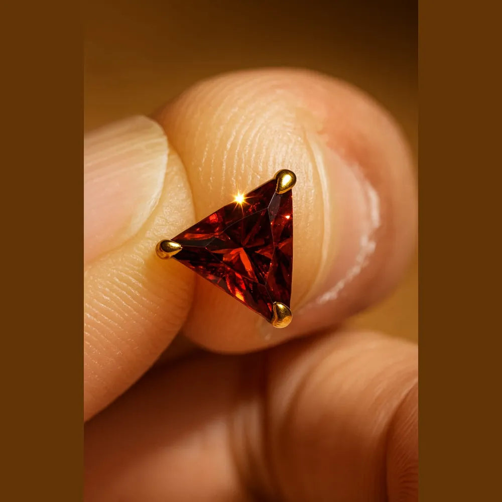 Men’s red crystal triangle ear studs with real gold plating, handcrafted on a copper and brass base for a premium masculine look. These pushback studs feature a glossy ruby-red crystal that adds confidence and edge to daily wear. Lightweight, comfortable, and perfect for men who love minimal yet powerful jewellery. From ZHome – Real, Good-Looking Jewellery.