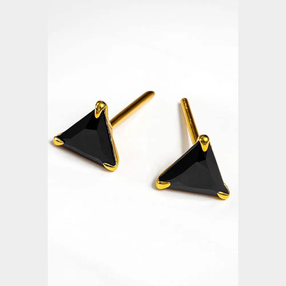 Unisex black crystal triangle ear studs with real gold plating, handcrafted with precision for a premium look. Elegant and lightweight, these daily wear earrings are made from copper and brass base with a pushback design. Ideal for men and women, these gold-plated black studs feature a glossy triangle crystal that adds a bold yet classy touch to any outfit. Perfect for gifting or personal use, from ZHome – Real, Good-Looking Jewellery.