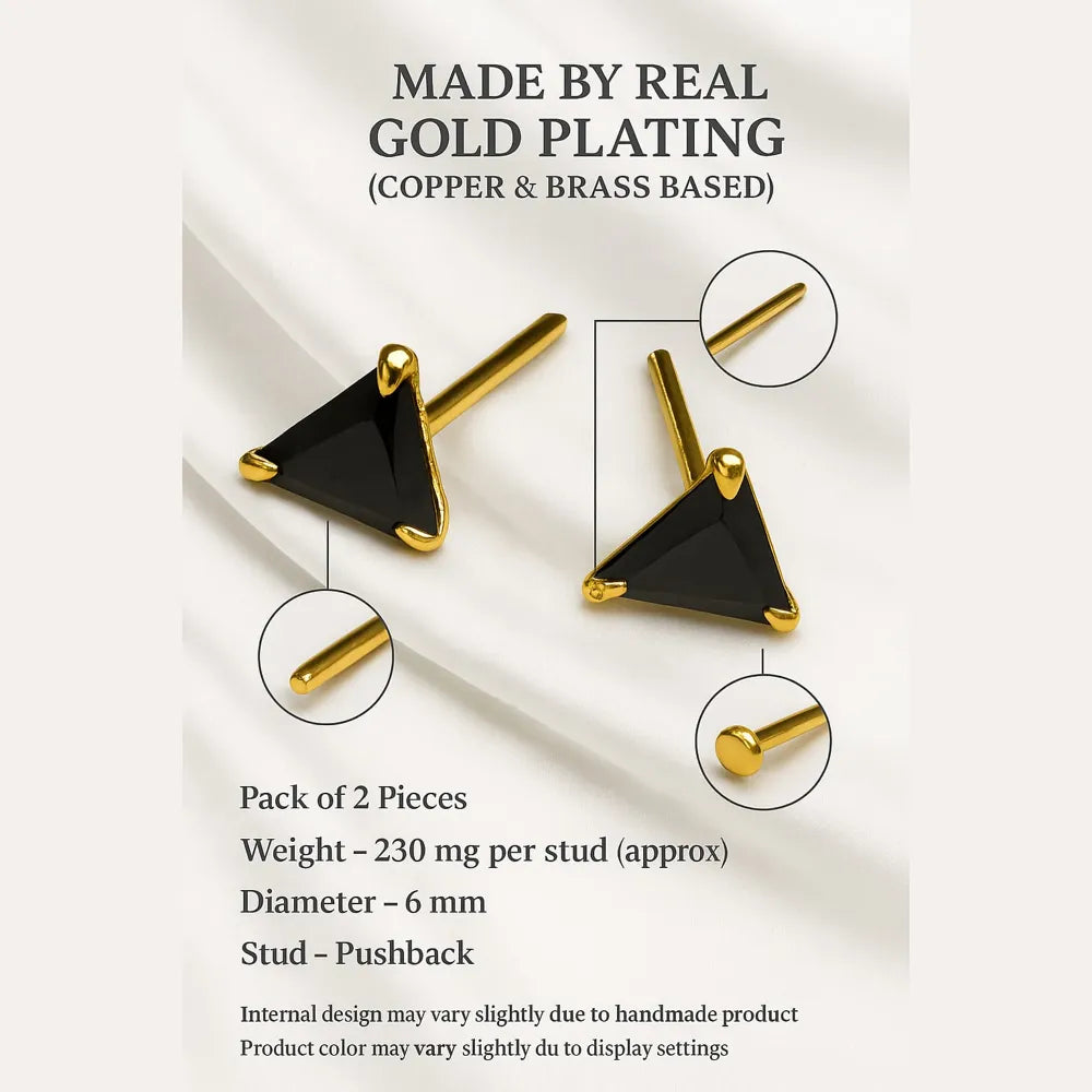 Unisex black crystal triangle ear studs with real gold plating, handcrafted with precision for a premium look. Elegant and lightweight, these daily wear earrings are made from copper and brass base with a pushback design. Ideal for men and women, these gold-plated black studs feature a glossy triangle crystal that adds a bold yet classy touch to any outfit. Perfect for gifting or personal use, from ZHome – Real, Good-Looking Jewellery.