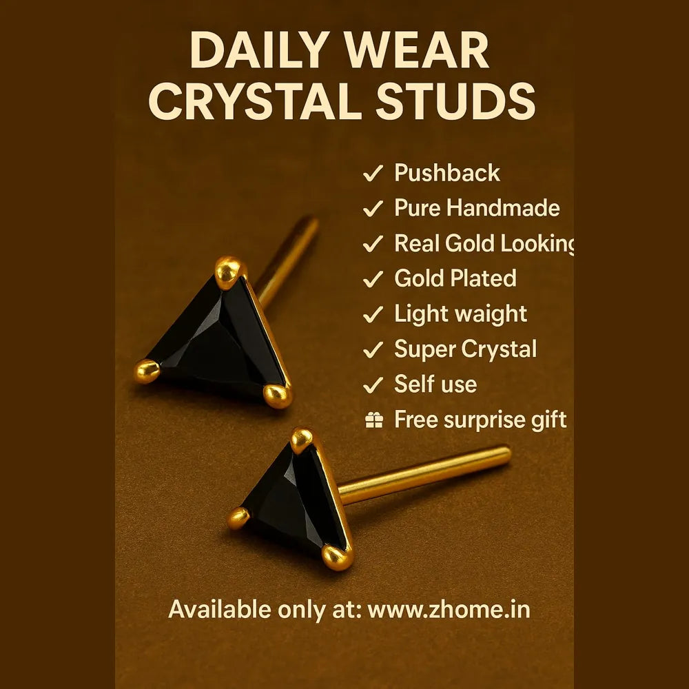 Unisex black crystal triangle ear studs with real gold plating, handcrafted with precision for a premium look. Elegant and lightweight, these daily wear earrings are made from copper and brass base with a pushback design. Ideal for men and women, these gold-plated black studs feature a glossy triangle crystal that adds a bold yet classy touch to any outfit. Perfect for gifting or personal use, from ZHome – Real, Good-Looking Jewellery.