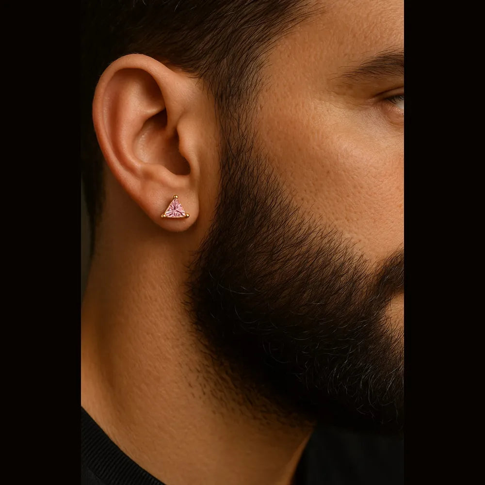 Unisex Pink Crystal Triangle Ear Studs – Gold Plated Daily Wear for Men & Women