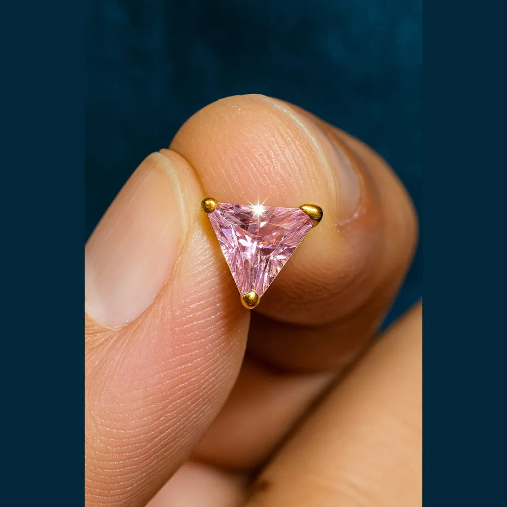 Unisex Pink Crystal Triangle Ear Studs – Gold Plated Daily Wear for Men & Women