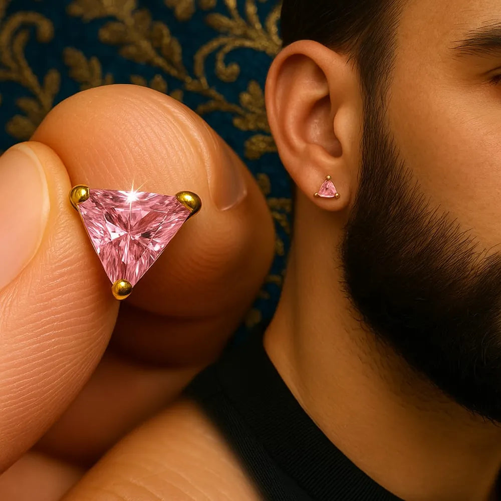 Unisex Pink Crystal Triangle Ear Studs – Gold Plated Daily Wear for Men & Women