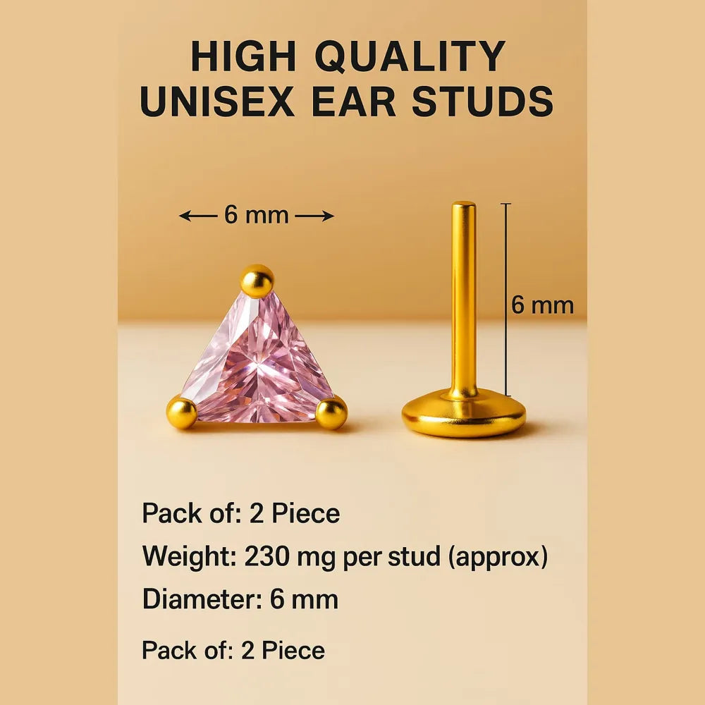 Unisex Pink Crystal Triangle Ear Studs – Gold Plated Daily Wear for Men & Women
