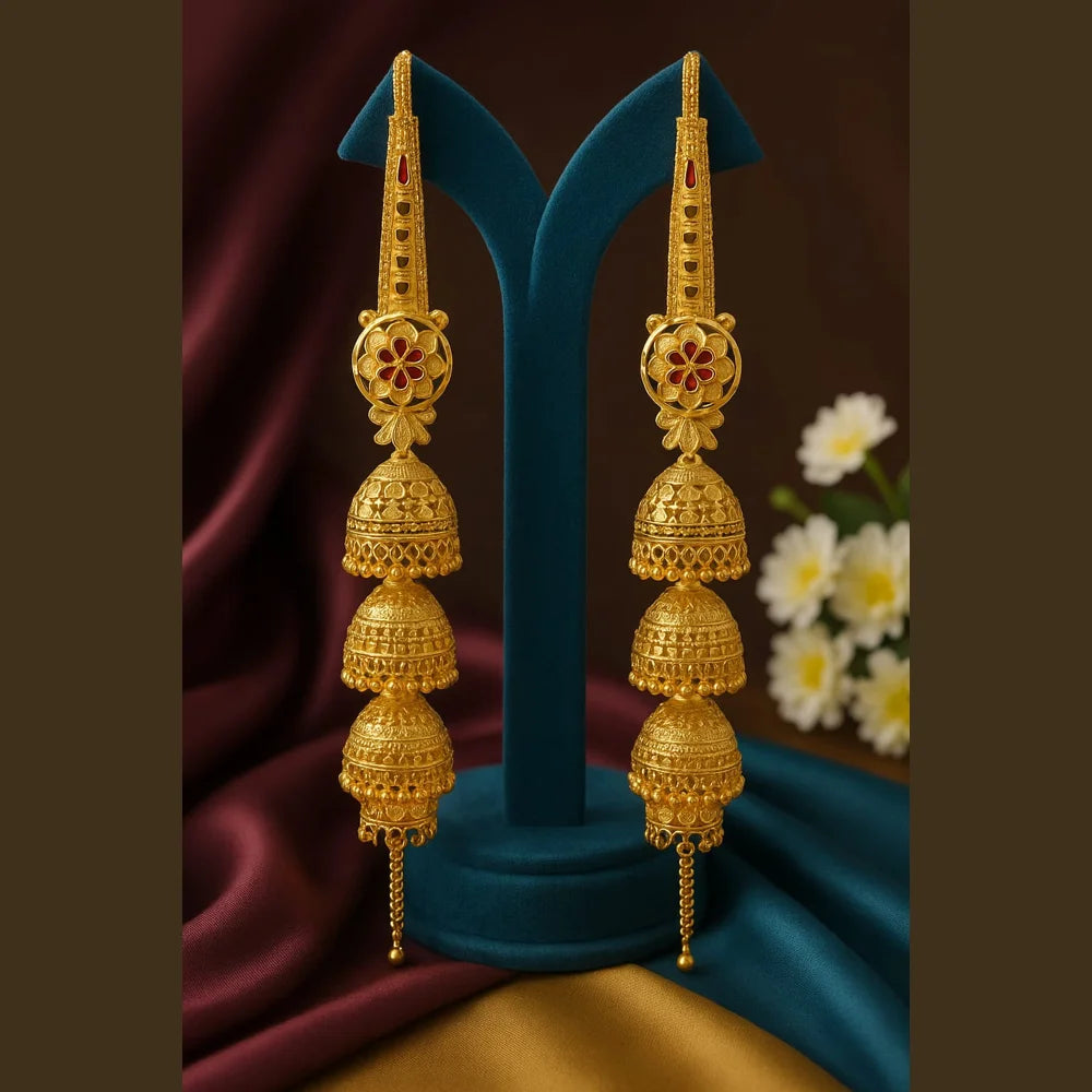 Royal Triple Layer Long Jhumka Earrings – Gold-Plated Bridal Statement Jewellery