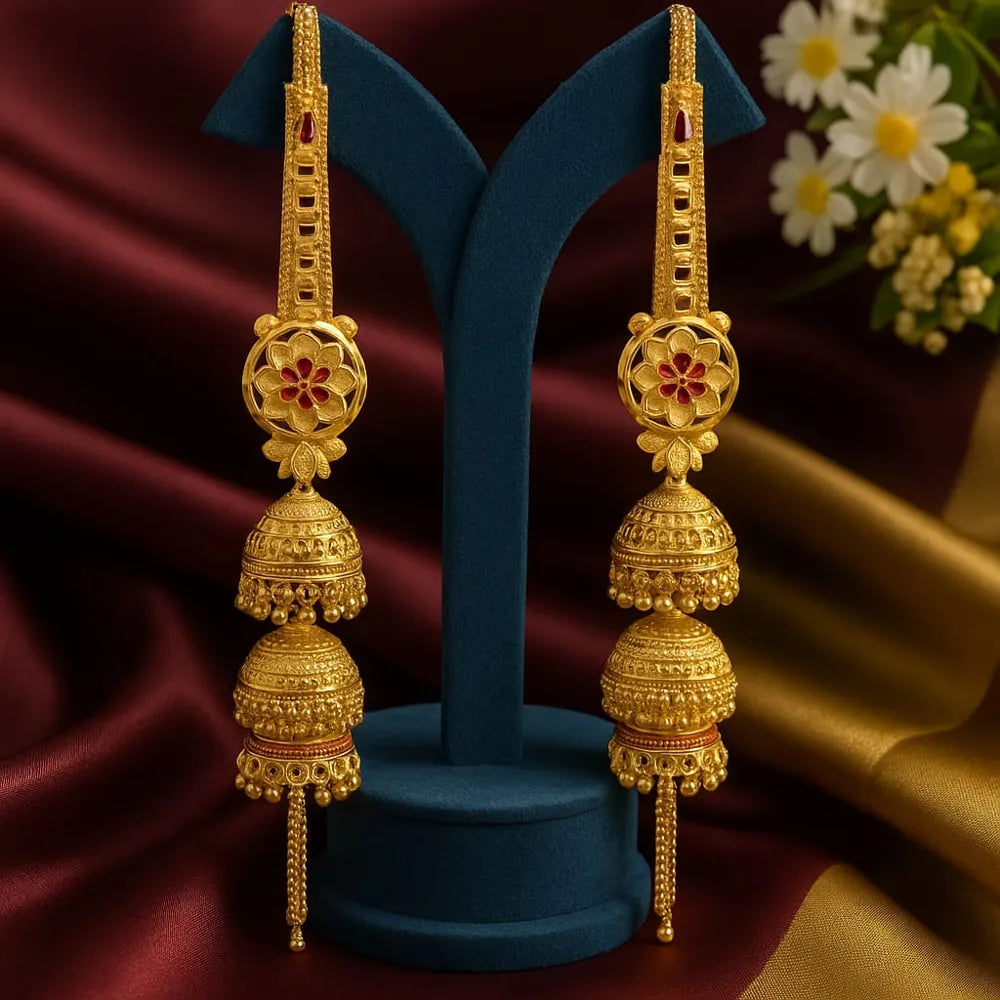 Royal Triple Layer Long Jhumka Earrings – Gold-Plated Bridal Statement Jewellery