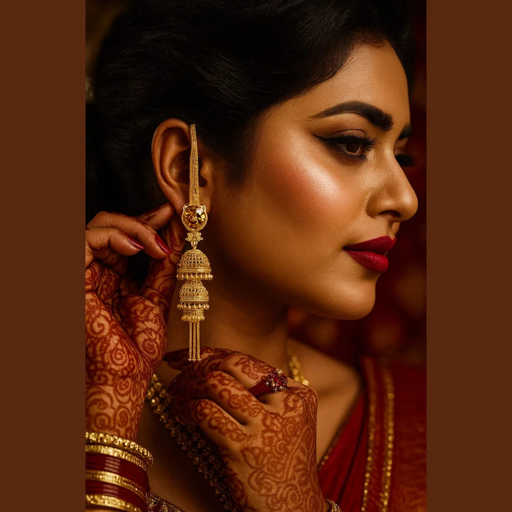 Royal Triple Layer Long Jhumka Earrings – Gold-Plated Bridal Statement Jewellery