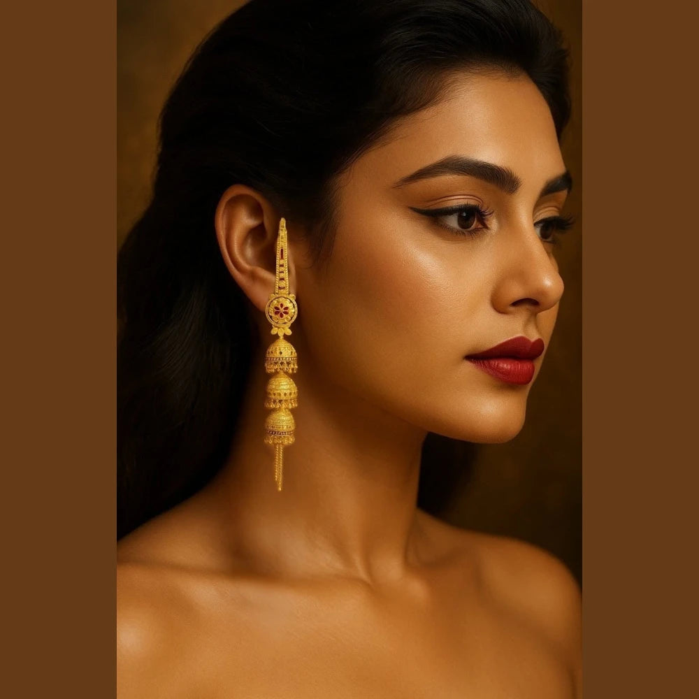 Royal Triple Layer Long Jhumka Earrings – Gold-Plated Bridal Statement Jewellery