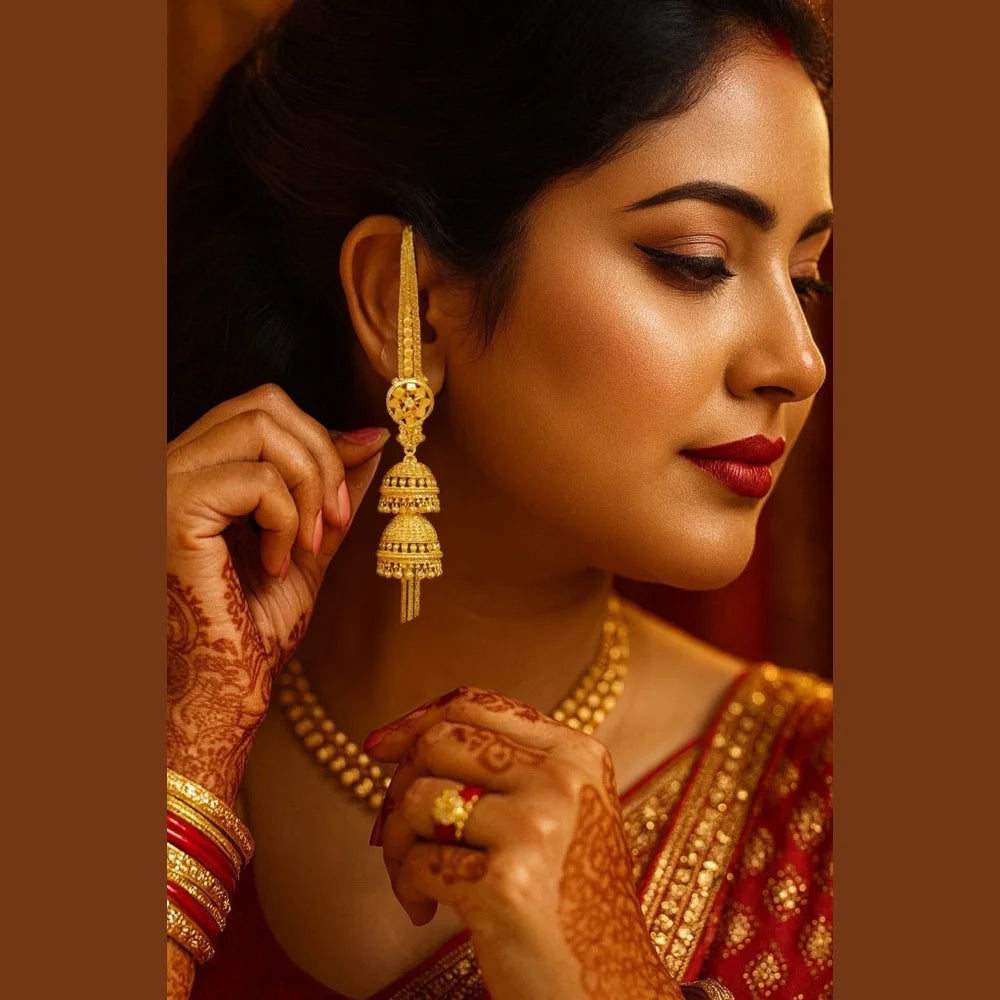 Royal Triple Layer Long Jhumka Earrings – Gold-Plated Bridal Statement Jewellery