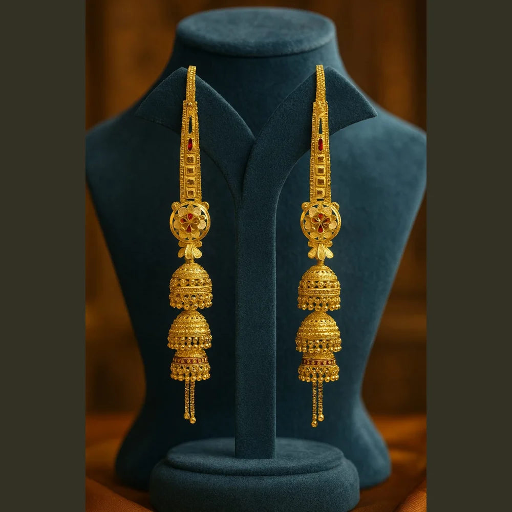 Royal Triple Layer Long Jhumka Earrings – Gold-Plated Bridal Statement Jewellery