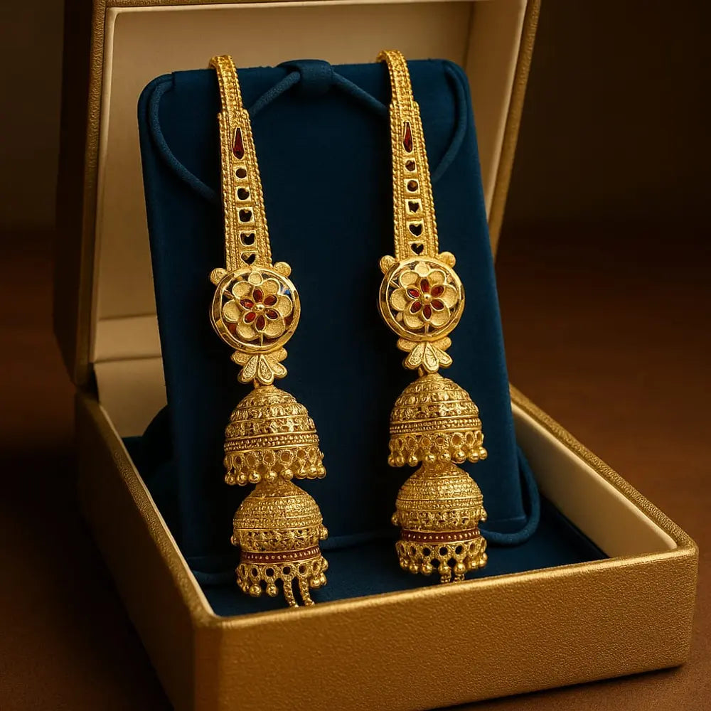 Royal Triple Layer Long Jhumka Earrings – Gold-Plated Bridal Statement Jewellery