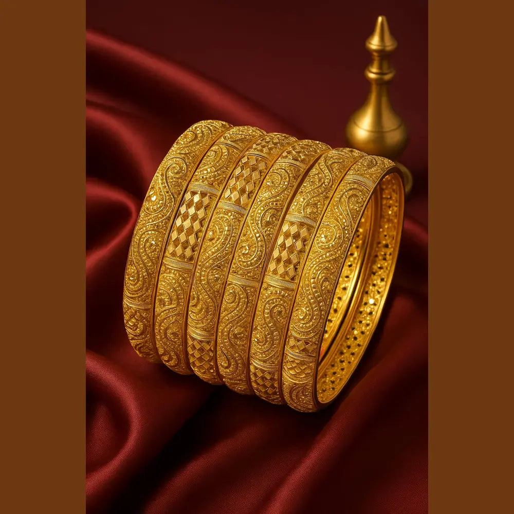 Royal Bridal Gold-Plated Kangan Set – Heavy Carved 6 Piece Bangles