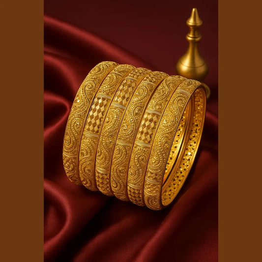 Royal Bridal Gold-Plated Kangan Set – Heavy Carved 6 Piece Bangles
