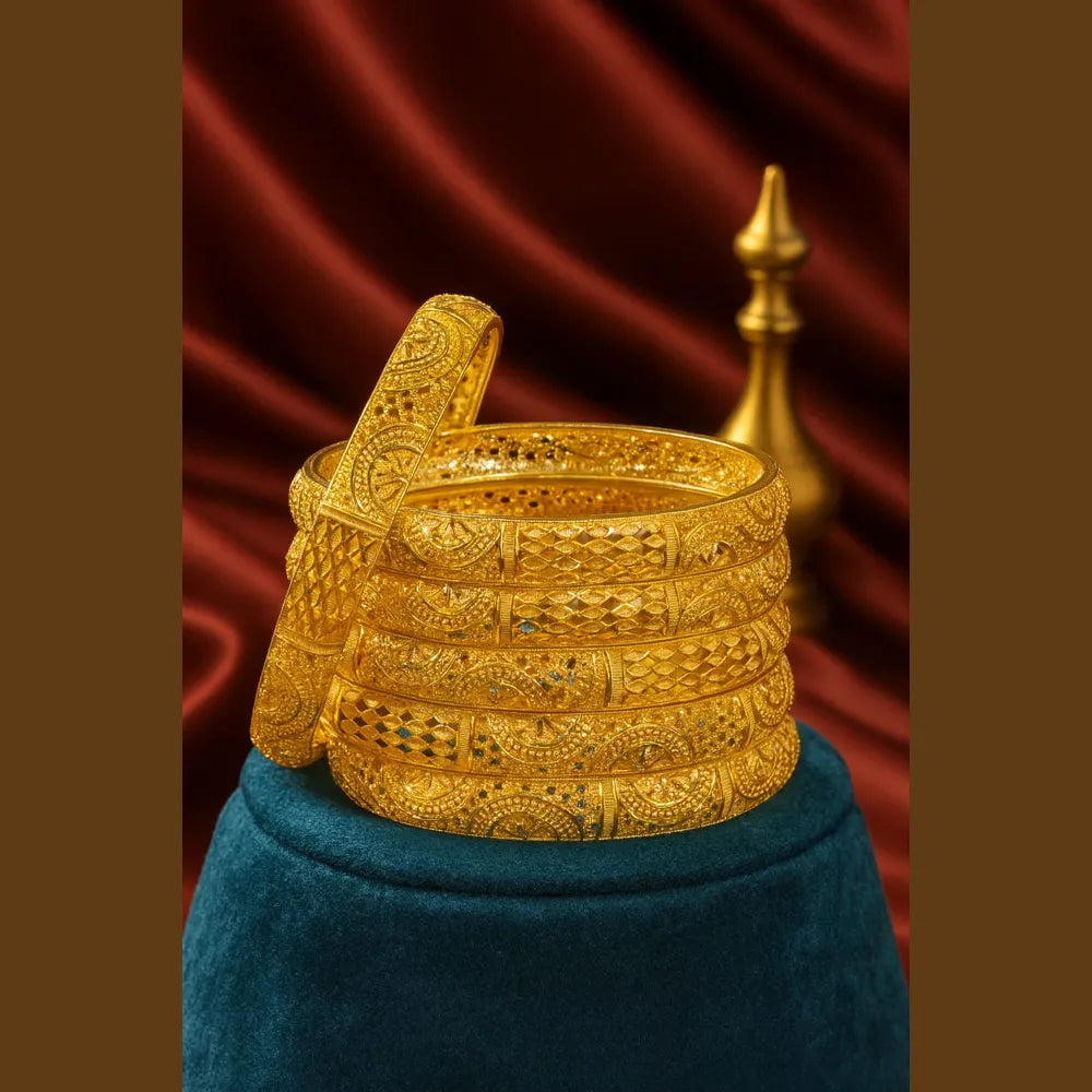 Royal Bridal Gold-Plated Kangan Set – Heavy Carved 6 Piece Bangles