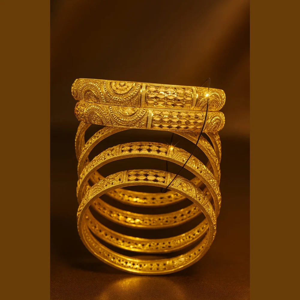 Royal Bridal Gold-Plated Kangan Set – Heavy Carved 6 Piece Bangles