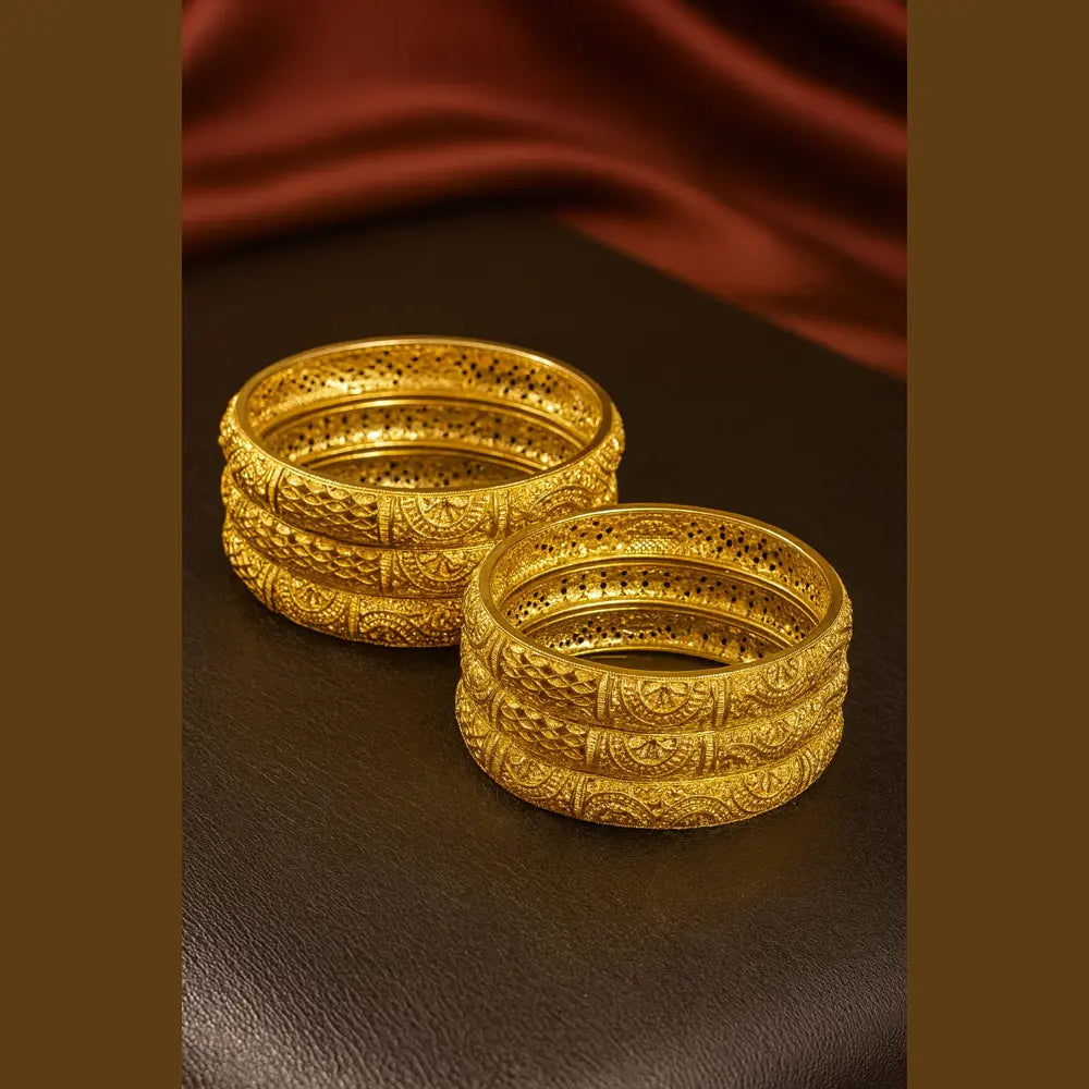 Royal Bridal Gold-Plated Kangan Set – Heavy Carved 6 Piece Bangles
