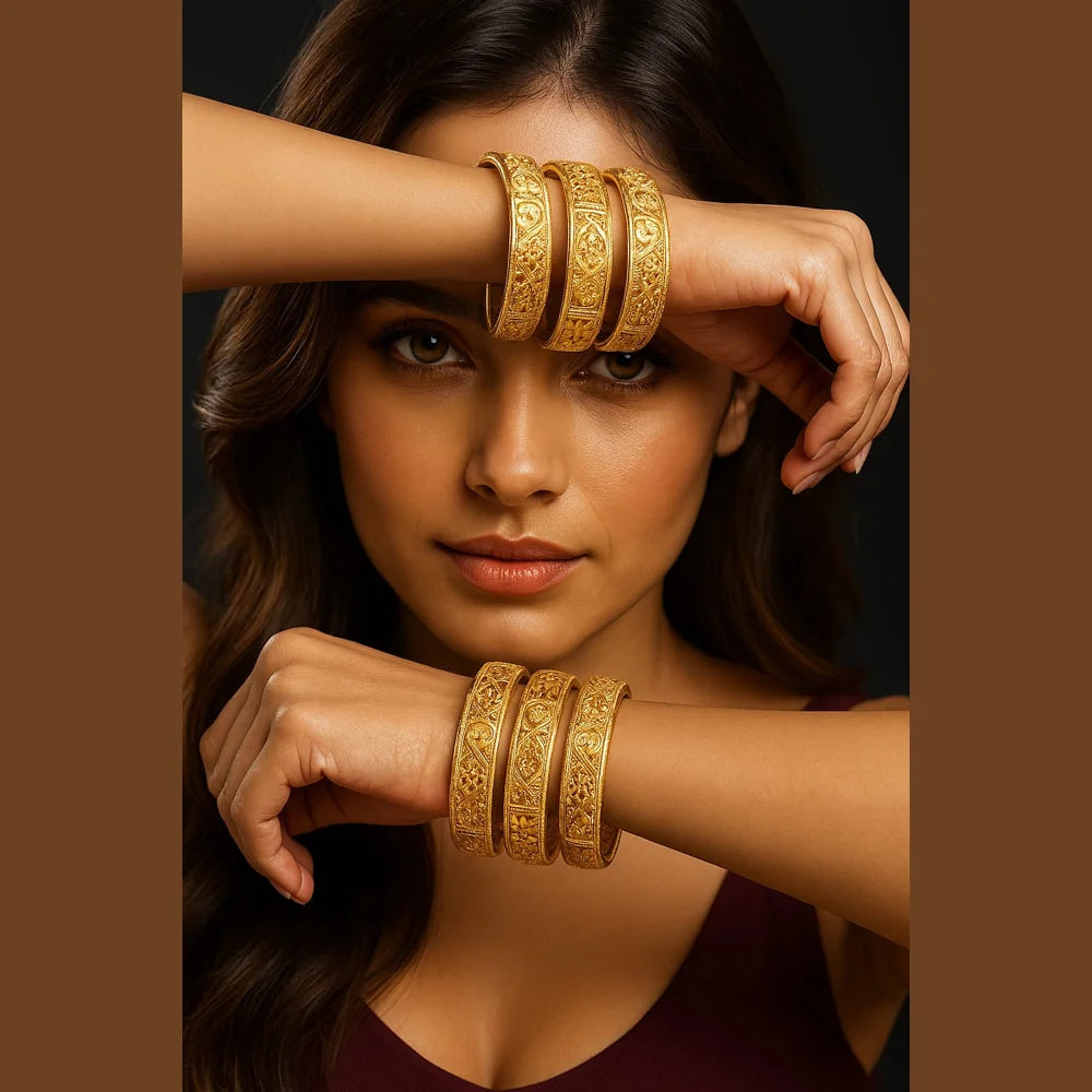 Royal Bridal Gold-Plated Kangan Set – Heavy Carved 6 Piece Bangles