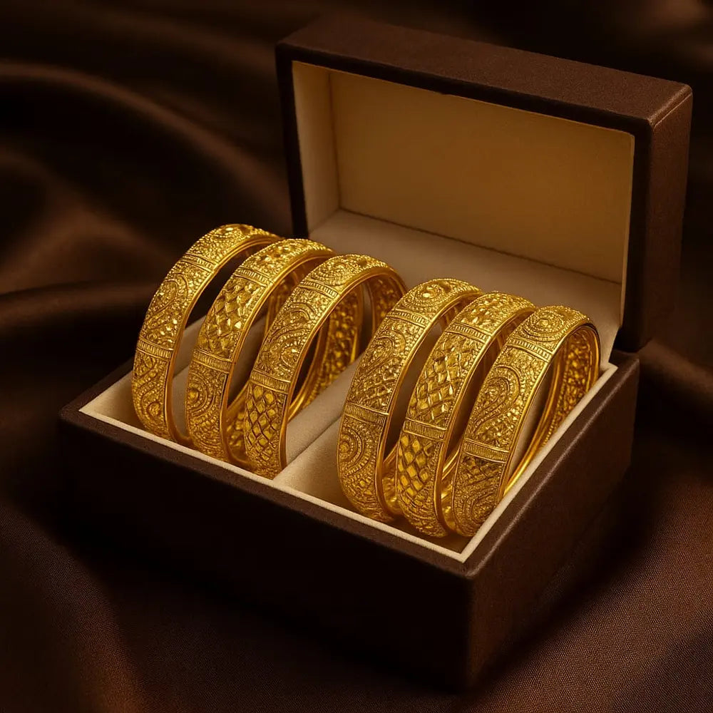 Royal Bridal Gold-Plated Kangan Set – Heavy Carved 6 Piece Bangles