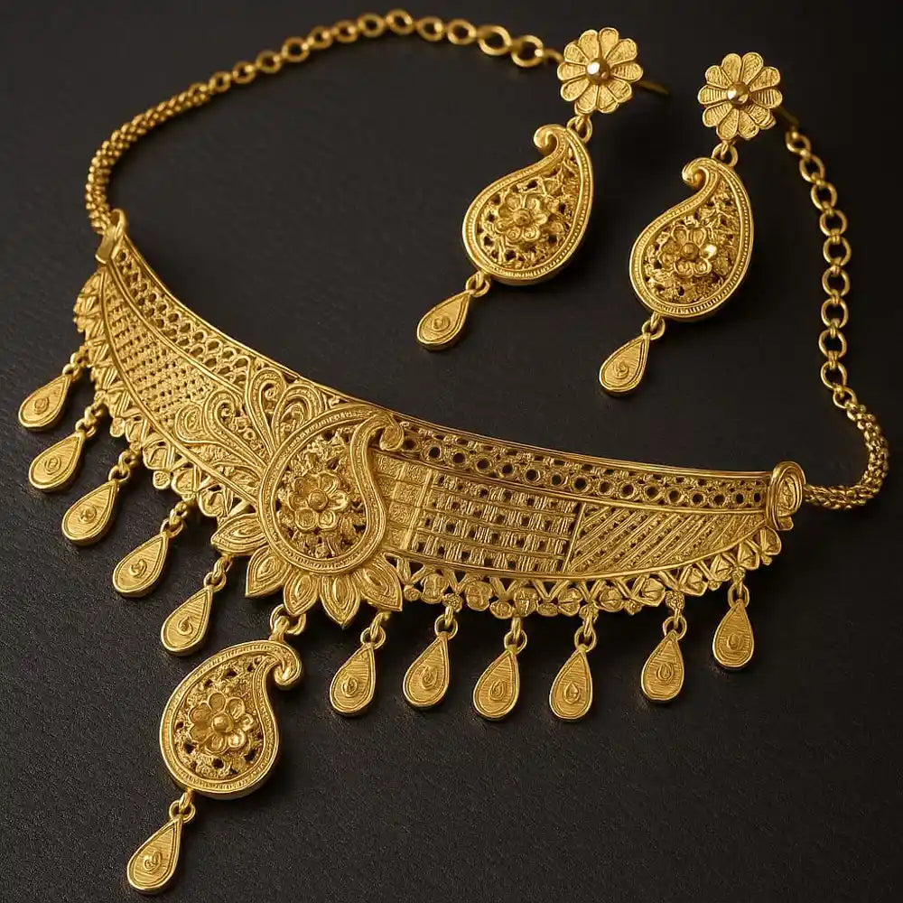 Royal Bridal Gold-Plated Choker Set – Handmade Paisley Design with Earrings
