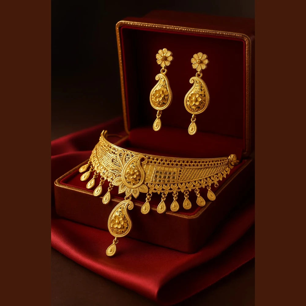 Royal Bridal Gold-Plated Choker Set – Handmade Paisley Design with Earrings