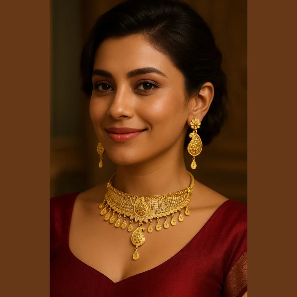 Royal Bridal Gold-Plated Choker Set – Handmade Paisley Design with Earrings