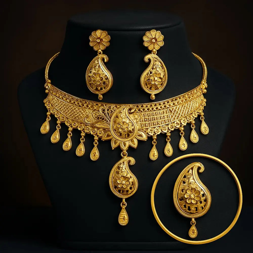 Royal Bridal Gold-Plated Choker Set – Handmade Paisley Design with Earrings