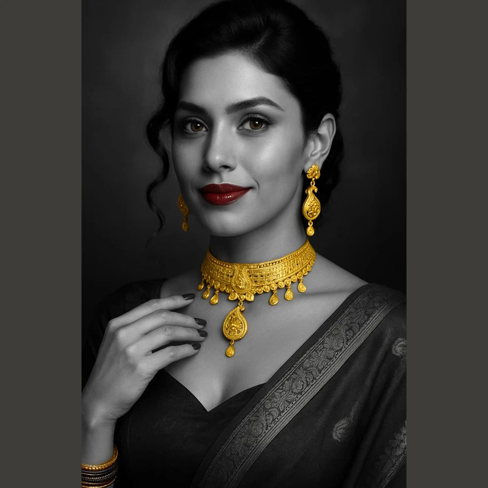 Royal Bridal Gold-Plated Choker Set – Handmade Paisley Design with Earrings