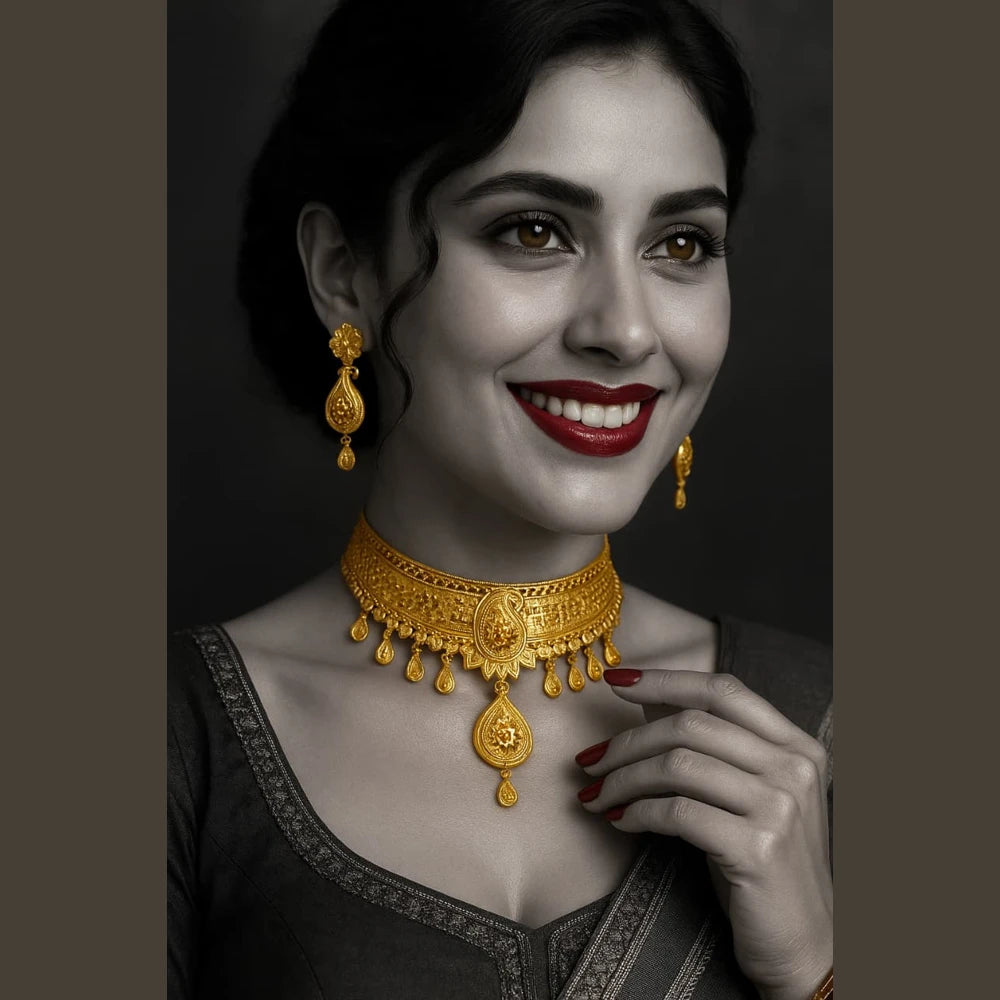 Royal Bridal Gold-Plated Choker Set – Handmade Paisley Design with Earrings