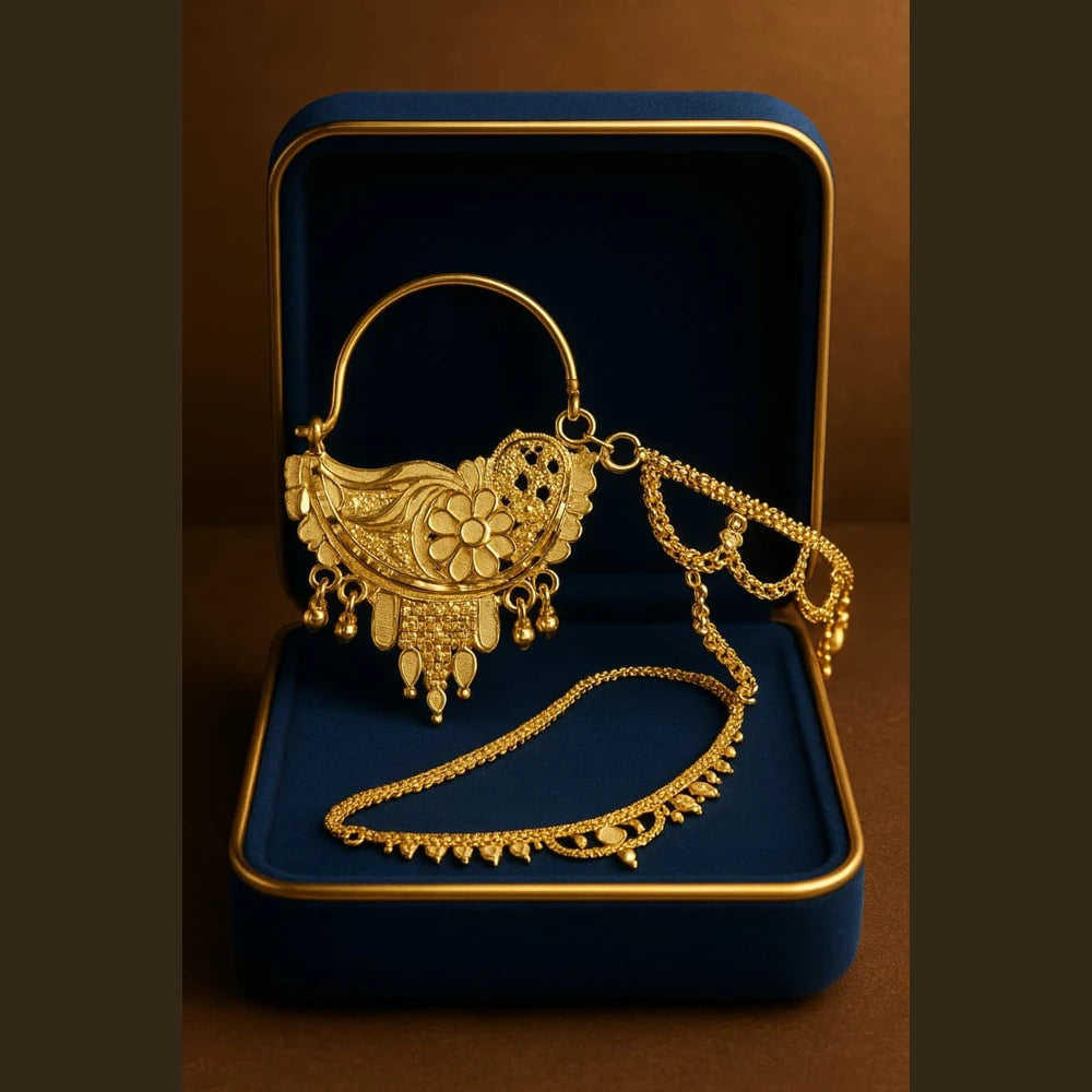 Bridal Onegram Gold-Plated Nath – Floral Design with Support Chain