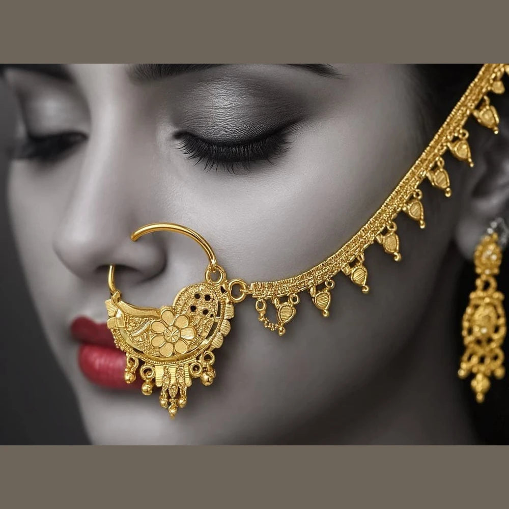 Bridal Onegram Gold-Plated Nath – Floral Design with Support Chain