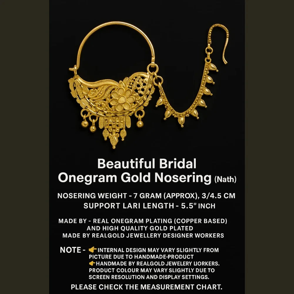 Bridal Onegram Gold-Plated Nath – Floral Design with Support Chain