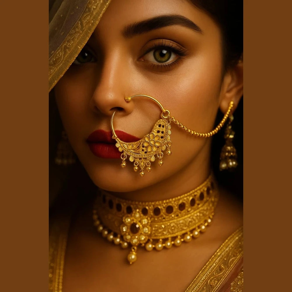 Bridal Onegram Gold-Plated Nath – Floral Design with Support Chain