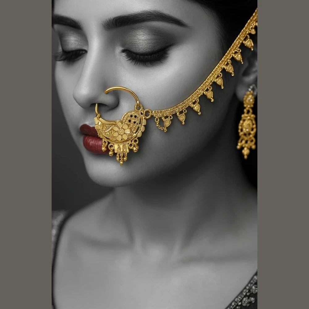 Bridal Onegram Gold-Plated Nath – Floral Design with Support Chain