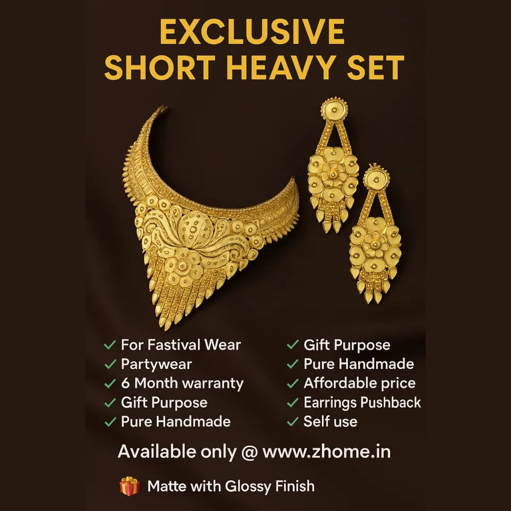 ZHome Exclusive Short Heavy Gold Finish Handmade Necklace Set with Earrings